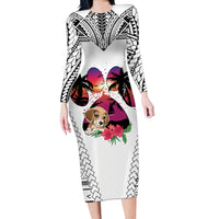 Polynesian Long Sleeve Bodycon Dress Dog Lover With Beagle - Sunset At The Beach White Ver - Wonder Print Shop