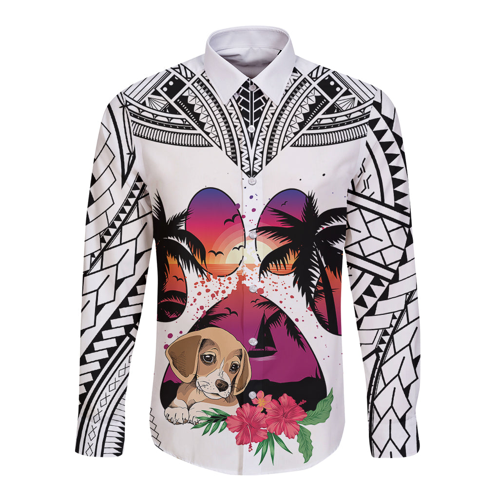Polynesian Long Sleeve Button Shirt Dog Lover With Beagle - Sunset At The Beach White Ver - Wonder Print Shop