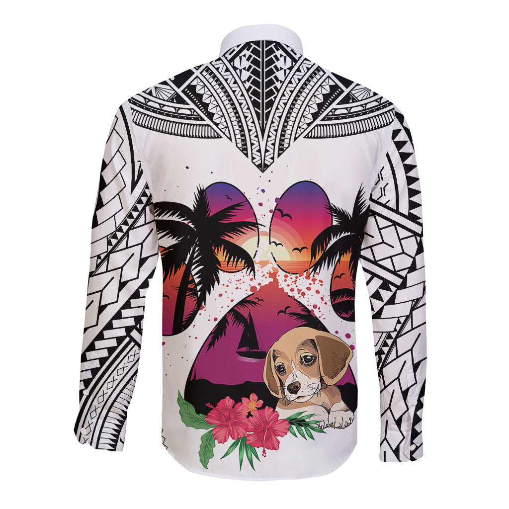 Polynesian Long Sleeve Button Shirt Dog Lover With Beagle - Sunset At The Beach White Ver - Wonder Print Shop