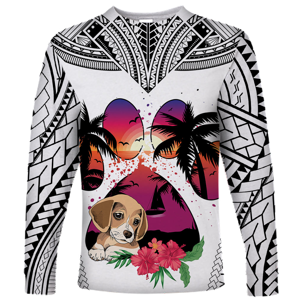 Polynesian Long Sleeve Shirt Dog Lover With Beagle - Sunset At The Beach White Ver - Wonder Print Shop