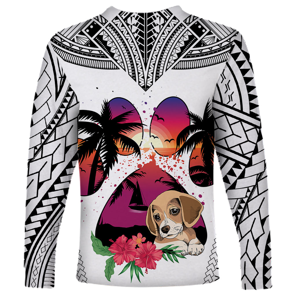 Polynesian Long Sleeve Shirt Dog Lover With Beagle - Sunset At The Beach White Ver - Wonder Print Shop