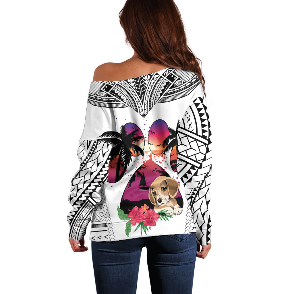 Polynesian Off Shoulder Sweater Dog Lover With Beagle - Sunset At The Beach White Ver - Wonder Print Shop