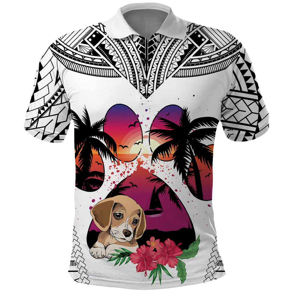 Polynesian Polo Shirt Dog Lover With Beagle - Sunset At The Beach White Ver - Wonder Print Shop