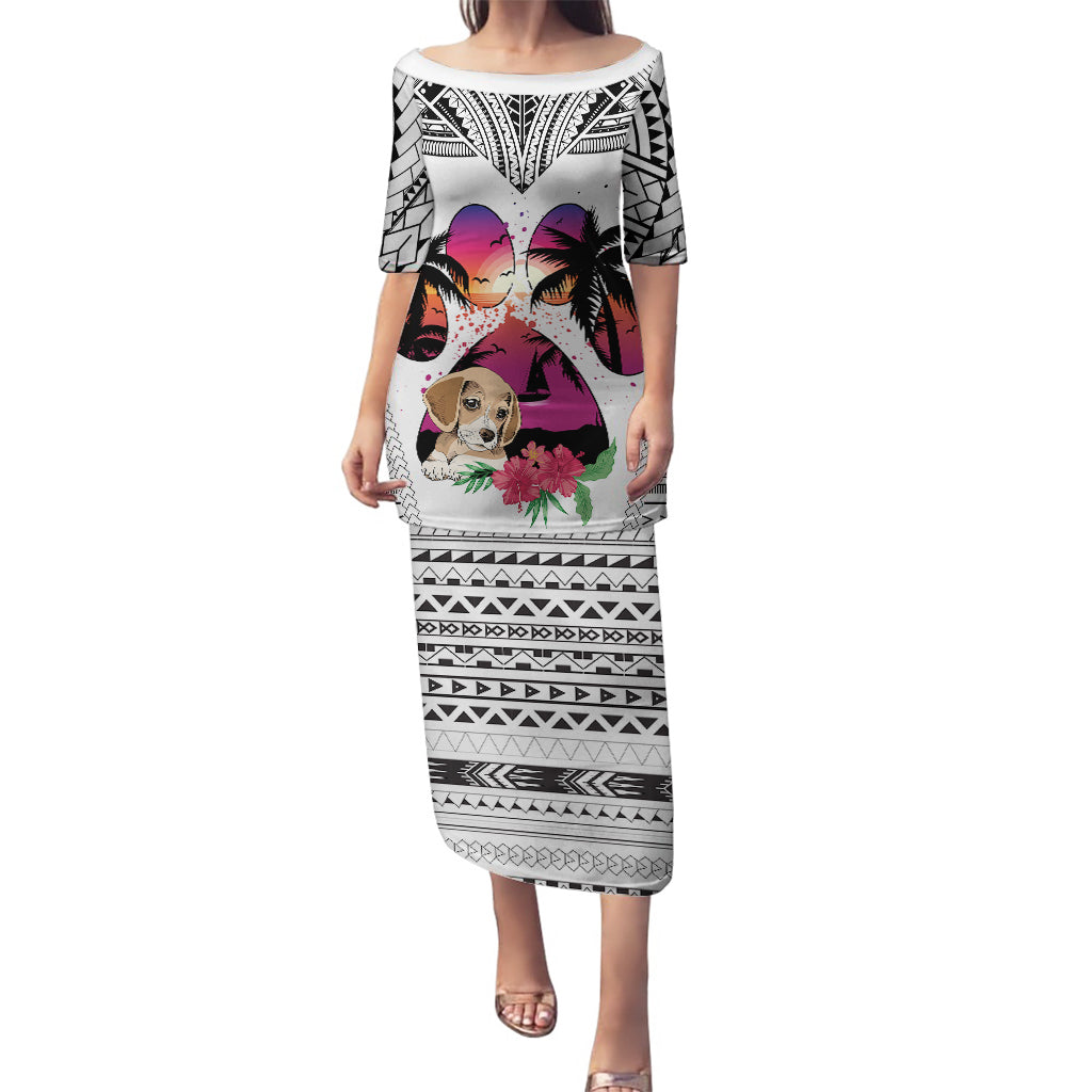Polynesian Puletasi Dog Lover With Beagle - Sunset At The Beach White Ver - Wonder Print Shop
