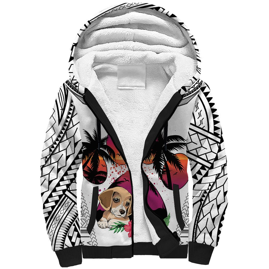Polynesian Sherpa Hoodie Dog Lover With Beagle - Sunset At The Beach White Ver - Wonder Print Shop