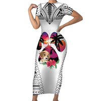Polynesian Short Sleeve Bodycon Dress Dog Lover With Beagle - Sunset At The Beach White Ver - Wonder Print Shop