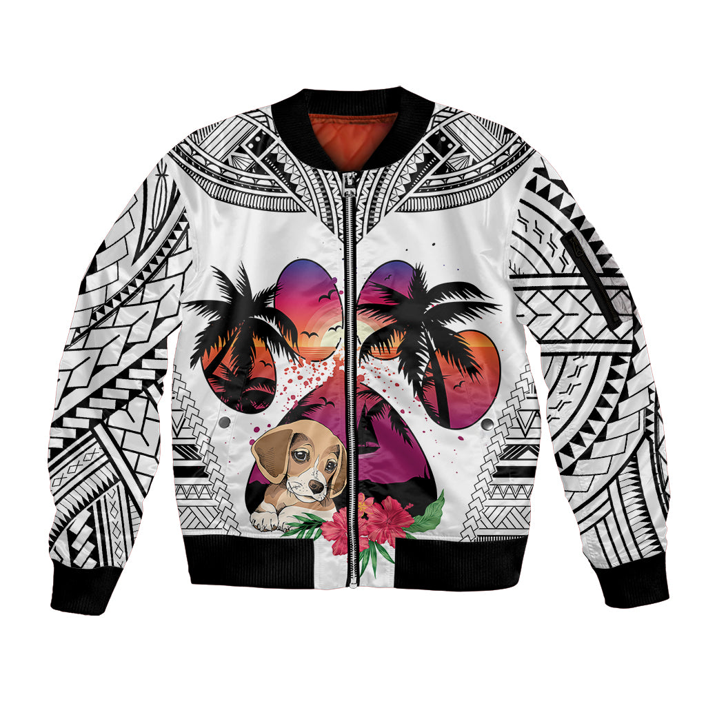 Polynesian Sleeve Zip Bomber Jacket Dog Lover With Beagle - Sunset At The Beach White Ver - Wonder Print Shop