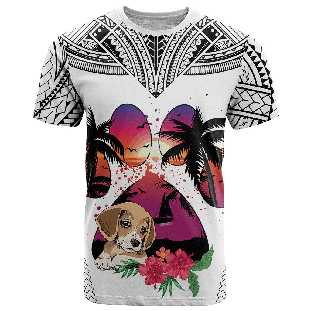 Polynesian T Shirt Dog Lover With Beagle - Sunset At The Beach White Ver - Wonder Print Shop