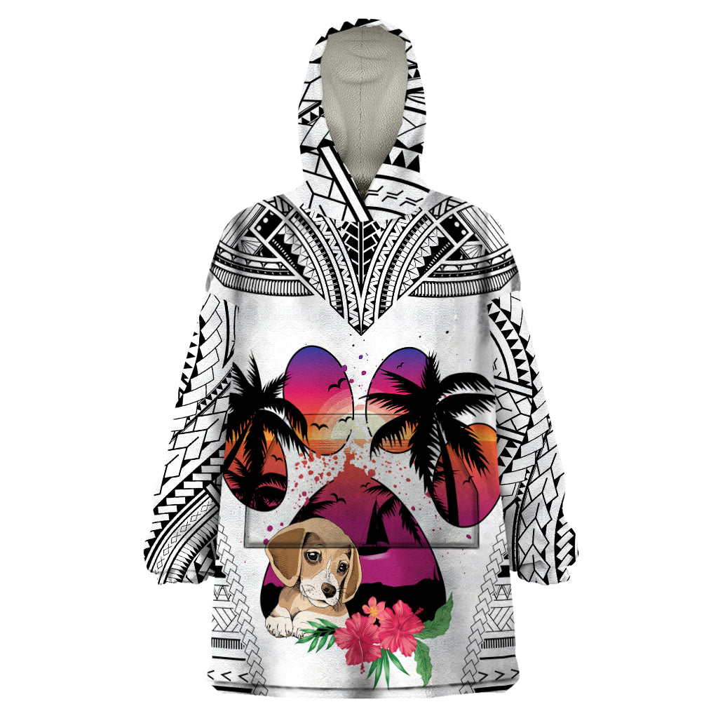 Polynesian Wearable Blanket Hoodie Dog Lover With Beagle - Sunset At The Beach White Ver - Wonder Print Shop