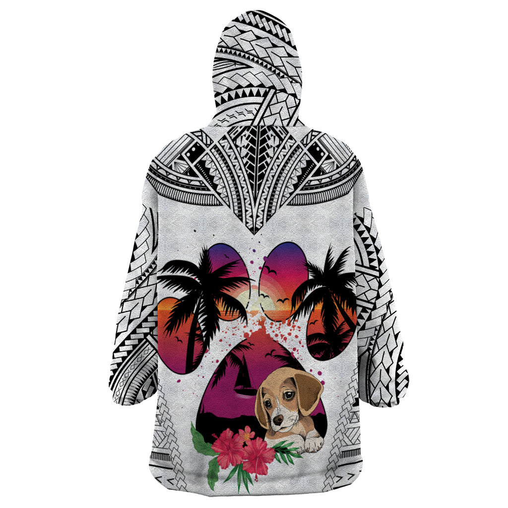 Polynesian Wearable Blanket Hoodie Dog Lover With Beagle - Sunset At The Beach White Ver - Wonder Print Shop
