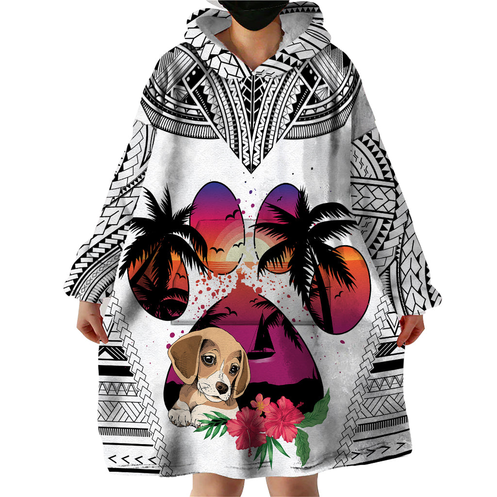Polynesian Wearable Blanket Hoodie Dog Lover With Beagle - Sunset At The Beach White Ver - Wonder Print Shop