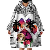 Polynesian Wearable Blanket Hoodie Dog Lover With Beagle - Sunset At The Beach White Ver - Wonder Print Shop