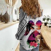 Polynesian Women Casual Shirt Dog Lover With Beagle - Sunset At The Beach White Ver - Wonder Print Shop