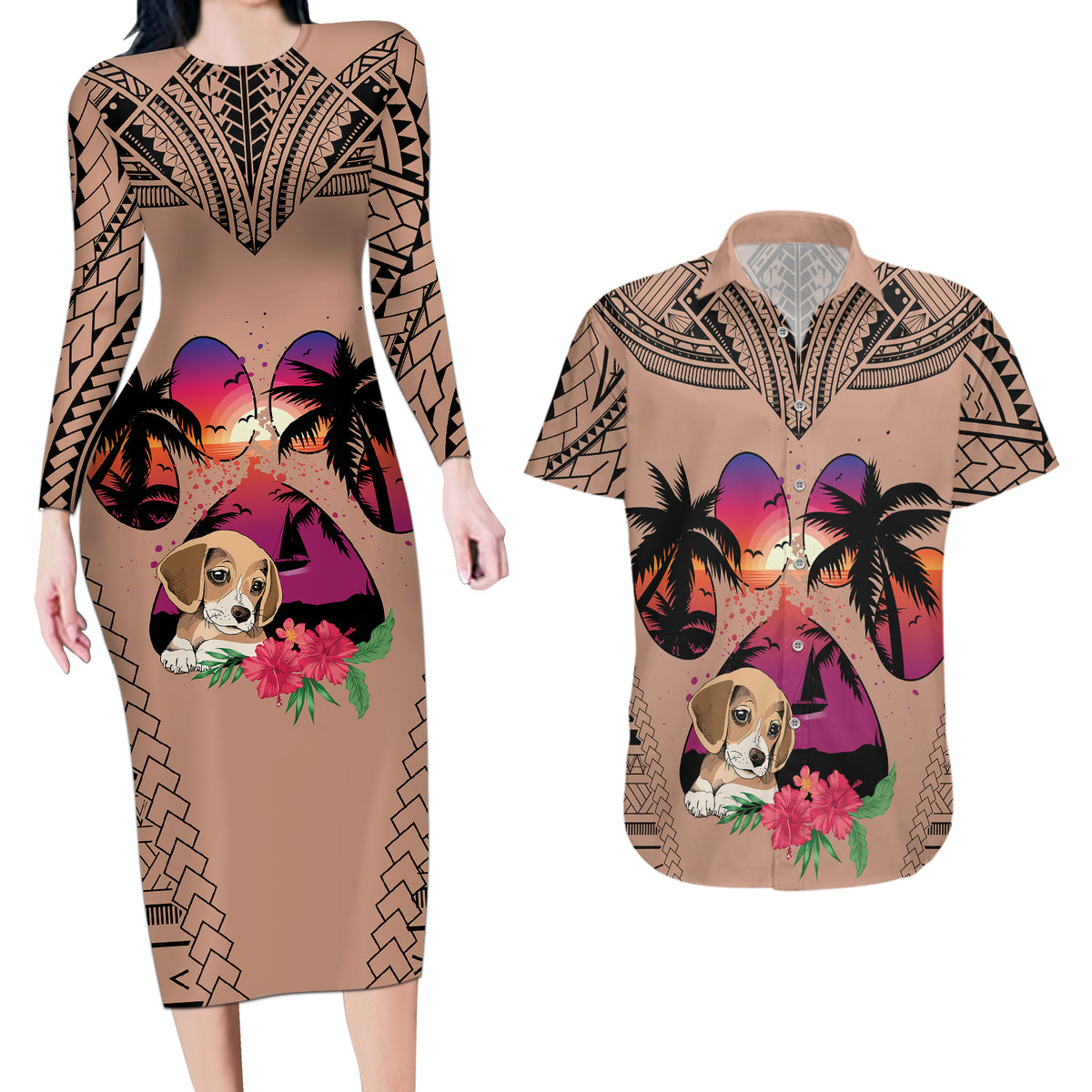 Polynesian Couples Matching Long Sleeve Bodycon Dress and Hawaiian Shirt Dog Lover With Beagle - Sunset At The Beach Brown Ver LT7 - Wonder Print Shop