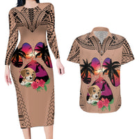 Polynesian Couples Matching Long Sleeve Bodycon Dress and Hawaiian Shirt Dog Lover With Beagle - Sunset At The Beach Brown Ver LT7 - Wonder Print Shop