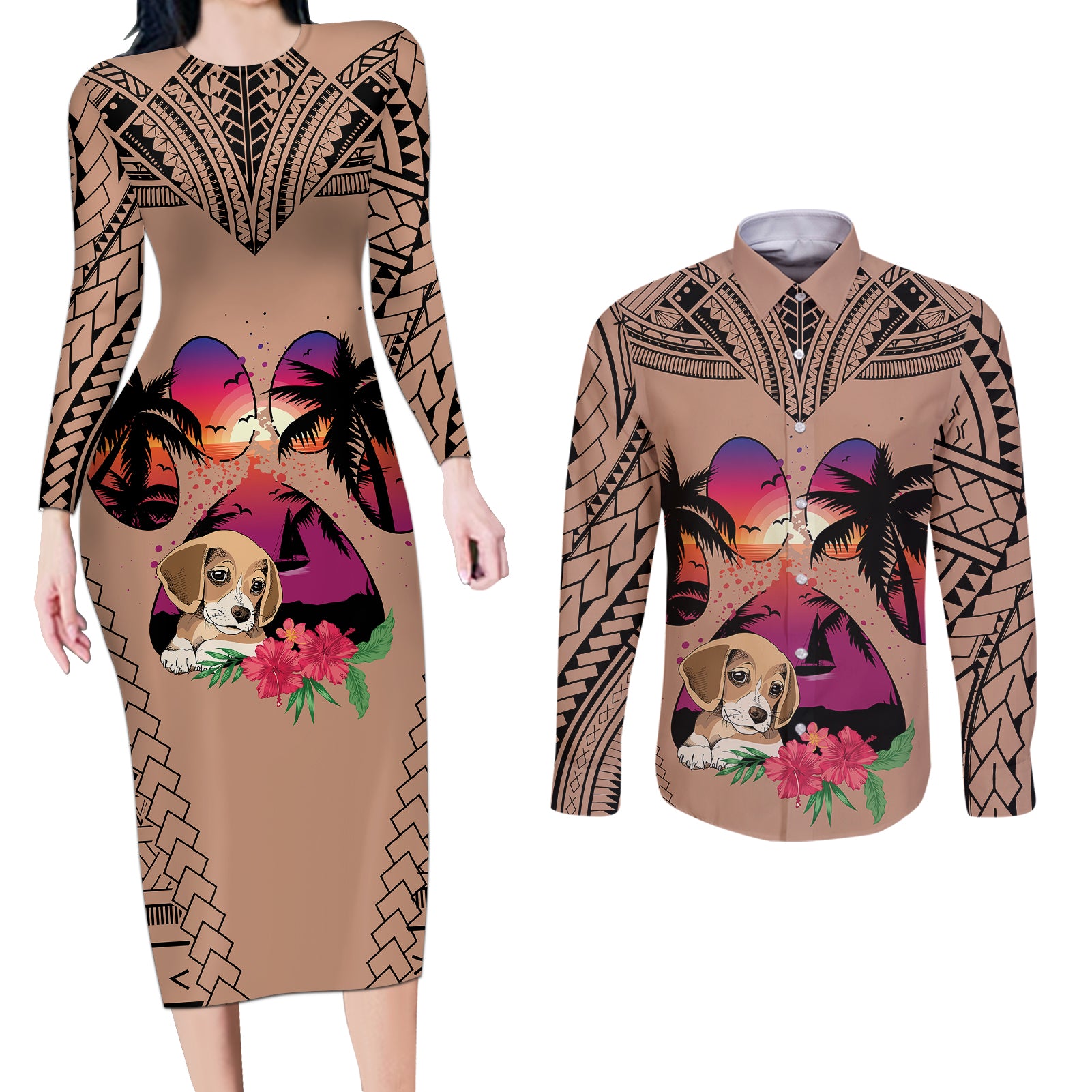 Polynesian Couples Matching Long Sleeve Bodycon Dress and Long Sleeve Button Shirts Dog Lover With Beagle - Sunset At The Beach Brown Ver LT7 - Wonder Print Shop
