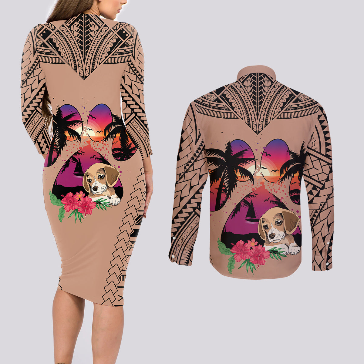 Polynesian Couples Matching Long Sleeve Bodycon Dress and Long Sleeve Button Shirts Dog Lover With Beagle - Sunset At The Beach Brown Ver LT7 - Wonder Print Shop