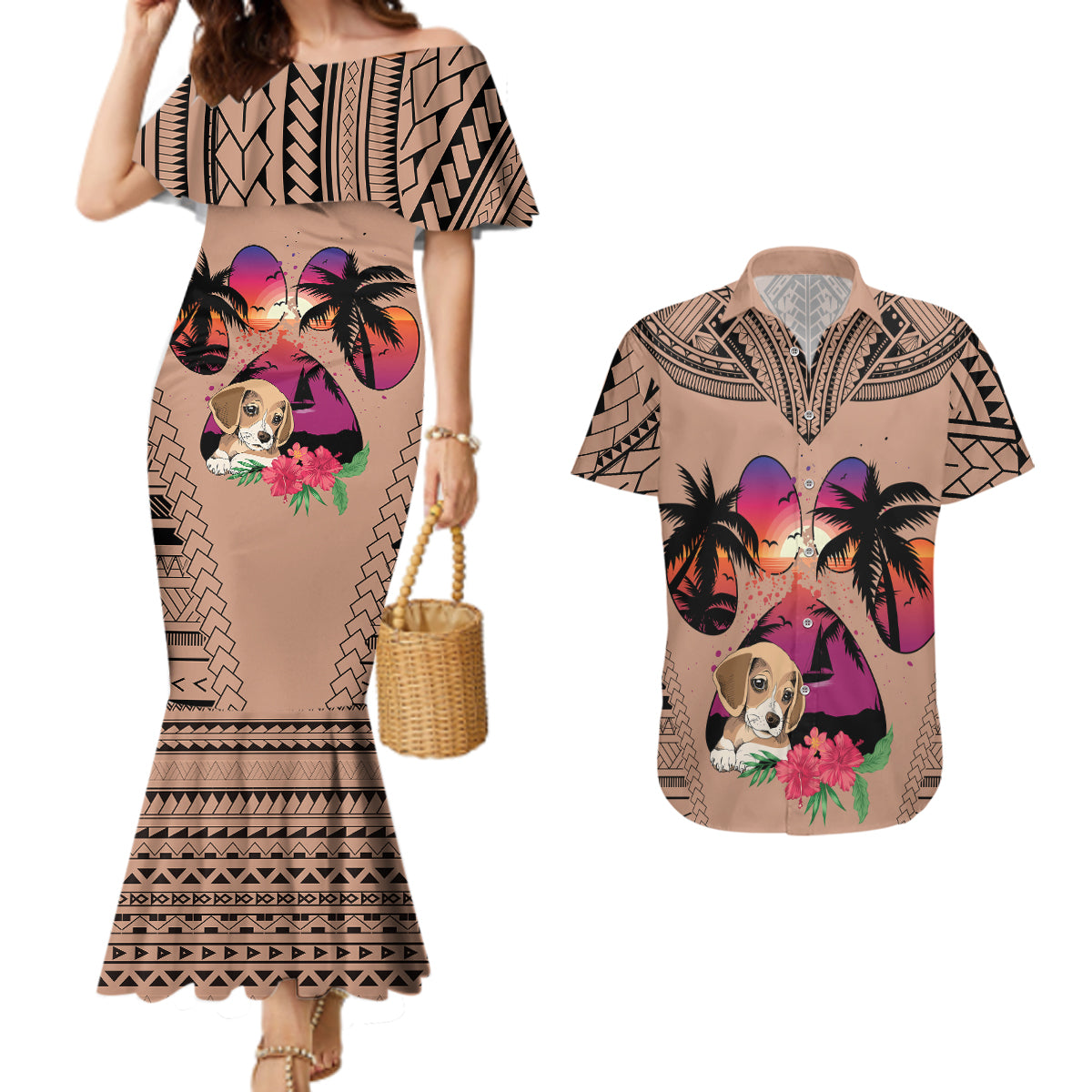 Polynesian Couples Matching Mermaid Dress and Hawaiian Shirt Dog Lover With Beagle - Sunset At The Beach Brown Ver LT7 - Wonder Print Shop