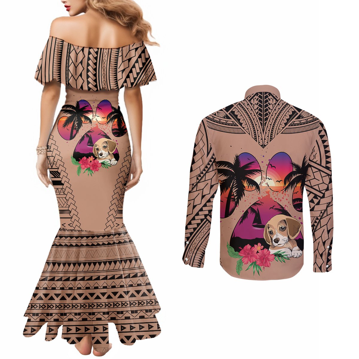 polynesian-couples-matching-mermaid-dress-and-long-sleeve-button-shirts-dog-lover-with-beagle-sunset-at-the-beach-brown-ver