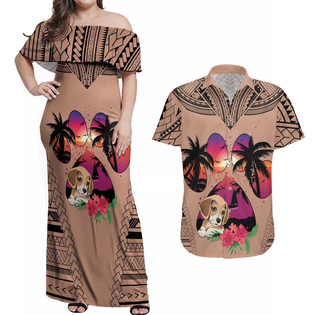 Polynesian Couples Matching Off Shoulder Maxi Dress and Hawaiian Shirt Dog Lover With Beagle - Sunset At The Beach Brown Ver LT7 - Wonder Print Shop