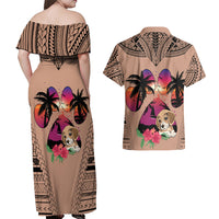 Polynesian Couples Matching Off Shoulder Maxi Dress and Hawaiian Shirt Dog Lover With Beagle - Sunset At The Beach Brown Ver LT7 - Wonder Print Shop