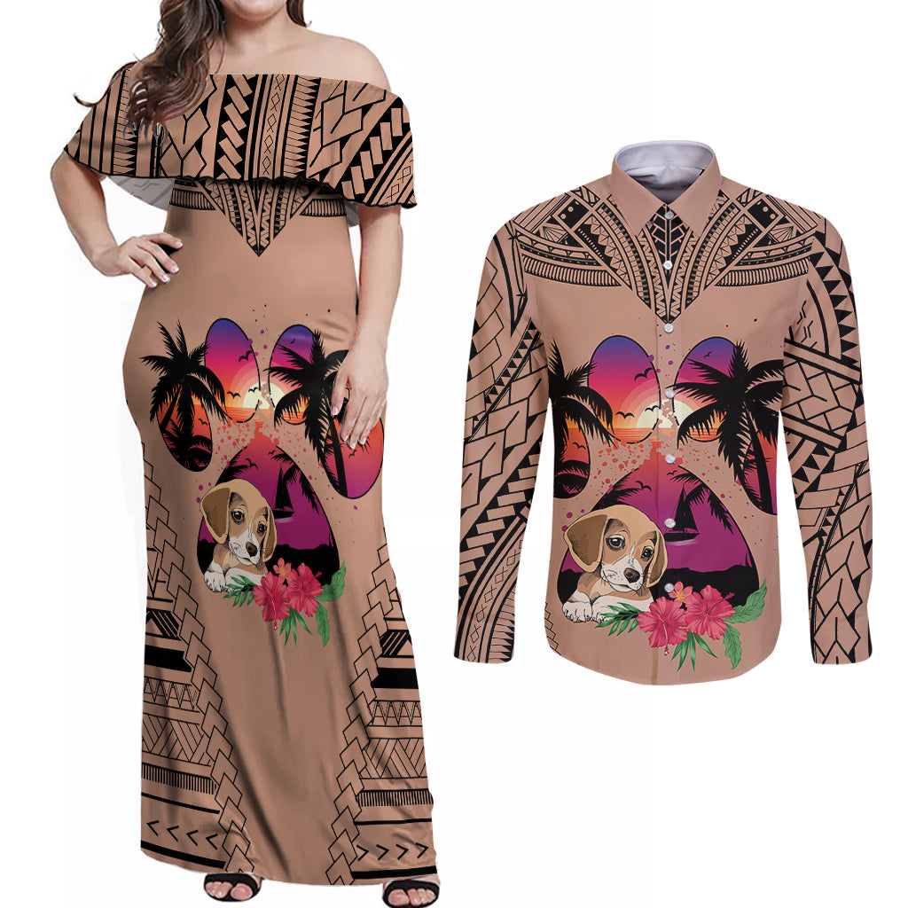 Polynesian Couples Matching Off Shoulder Maxi Dress and Long Sleeve Button Shirts Dog Lover With Beagle - Sunset At The Beach Brown Ver LT7 - Wonder Print Shop