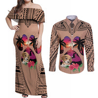 Polynesian Couples Matching Off Shoulder Maxi Dress and Long Sleeve Button Shirts Dog Lover With Beagle - Sunset At The Beach Brown Ver LT7 - Wonder Print Shop