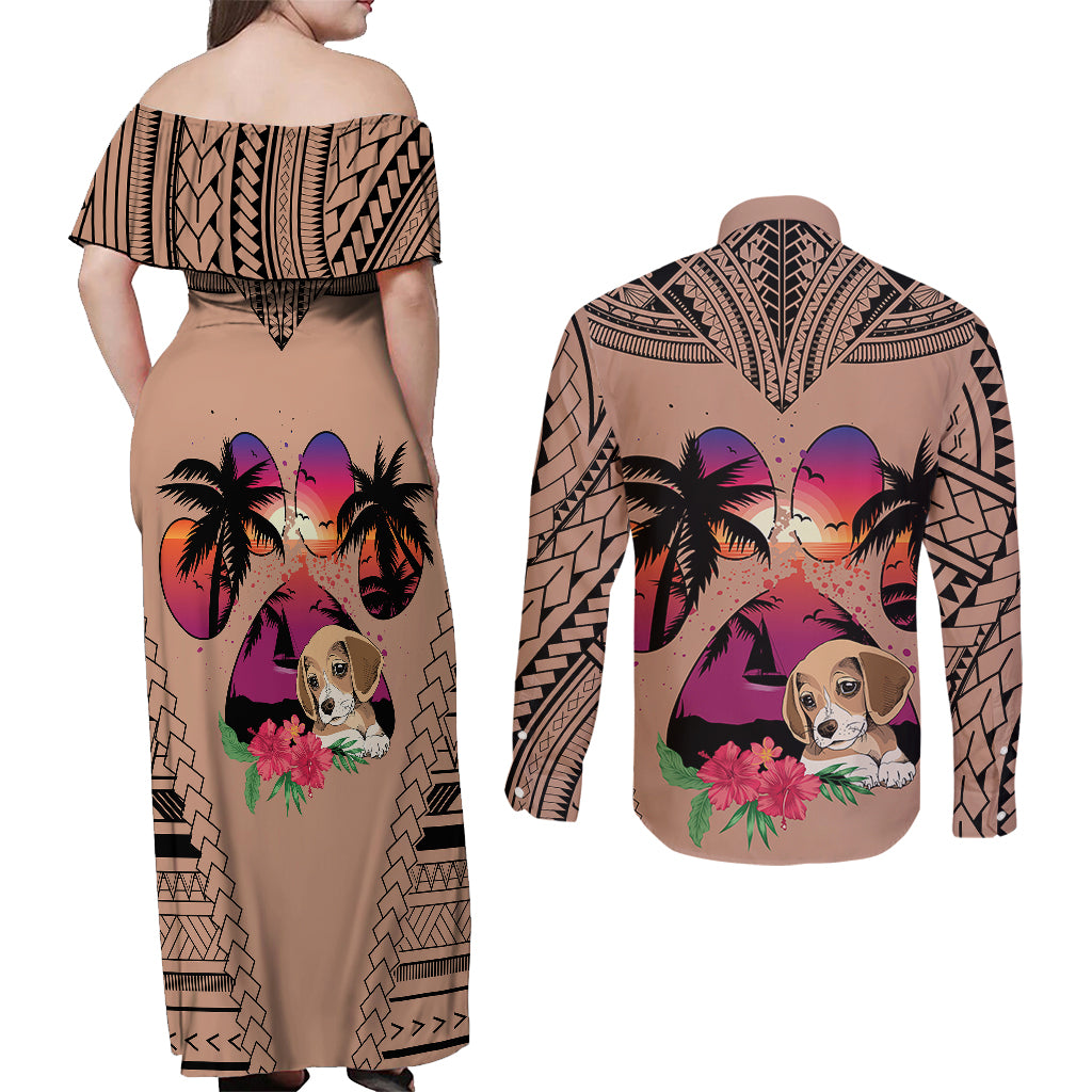 Polynesian Couples Matching Off Shoulder Maxi Dress and Long Sleeve Button Shirts Dog Lover With Beagle - Sunset At The Beach Brown Ver LT7 - Wonder Print Shop