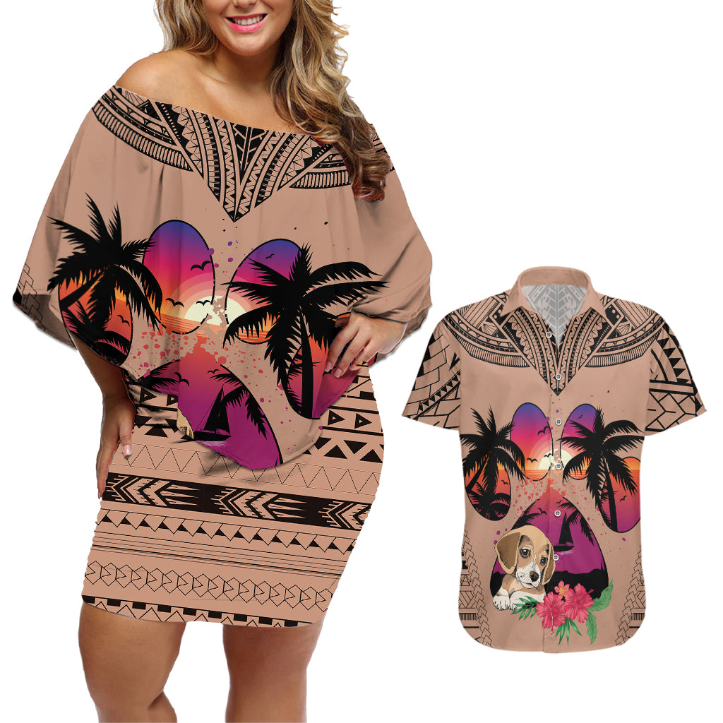 Polynesian Couples Matching Off Shoulder Short Dress and Hawaiian Shirt Dog Lover With Beagle - Sunset At The Beach Brown Ver LT7 - Wonder Print Shop