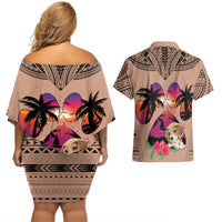 Polynesian Couples Matching Off Shoulder Short Dress and Hawaiian Shirt Dog Lover With Beagle - Sunset At The Beach Brown Ver LT7 - Wonder Print Shop