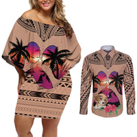 Polynesian Couples Matching Off Shoulder Short Dress and Long Sleeve Button Shirts Dog Lover With Beagle - Sunset At The Beach Brown Ver LT7 - Wonder Print Shop