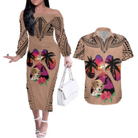 Polynesian Couples Matching Off The Shoulder Long Sleeve Dress and Hawaiian Shirt Dog Lover With Beagle - Sunset At The Beach Brown Ver LT7 - Wonder Print Shop