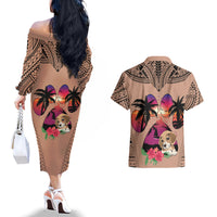 Polynesian Couples Matching Off The Shoulder Long Sleeve Dress and Hawaiian Shirt Dog Lover With Beagle - Sunset At The Beach Brown Ver LT7 - Wonder Print Shop