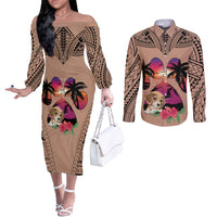 polynesian-couples-matching-off-the-shoulder-long-sleeve-dress-and-long-sleeve-button-shirts-dog-lover-with-beagle-sunset-at-the-beach-brown-ver