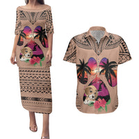 Polynesian Couples Matching Puletasi Dress and Hawaiian Shirt Dog Lover With Beagle - Sunset At The Beach Brown Ver LT7 - Wonder Print Shop