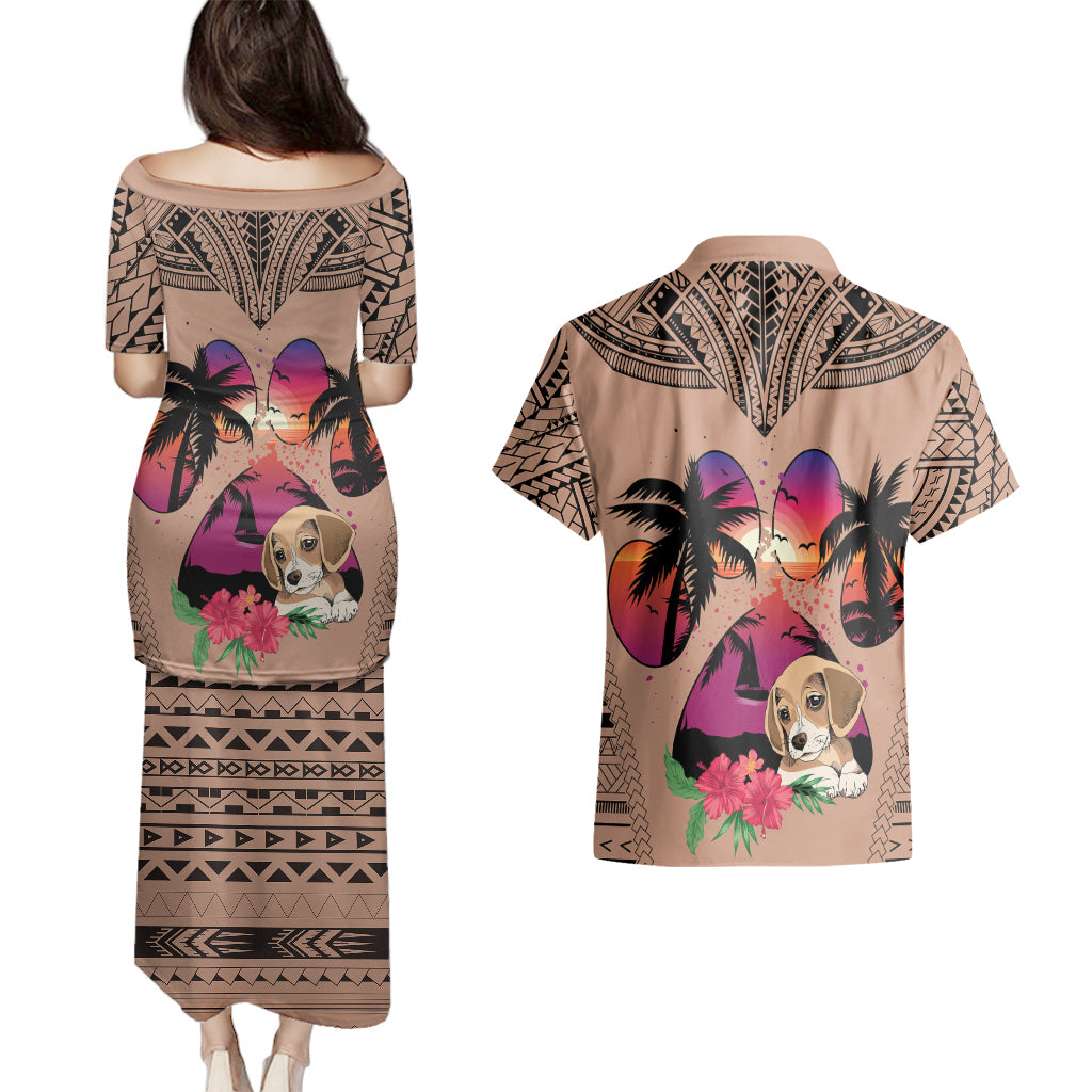 Polynesian Couples Matching Puletasi Dress and Hawaiian Shirt Dog Lover With Beagle - Sunset At The Beach Brown Ver LT7 - Wonder Print Shop