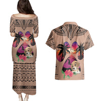 Polynesian Couples Matching Puletasi Dress and Hawaiian Shirt Dog Lover With Beagle - Sunset At The Beach Brown Ver LT7 - Wonder Print Shop