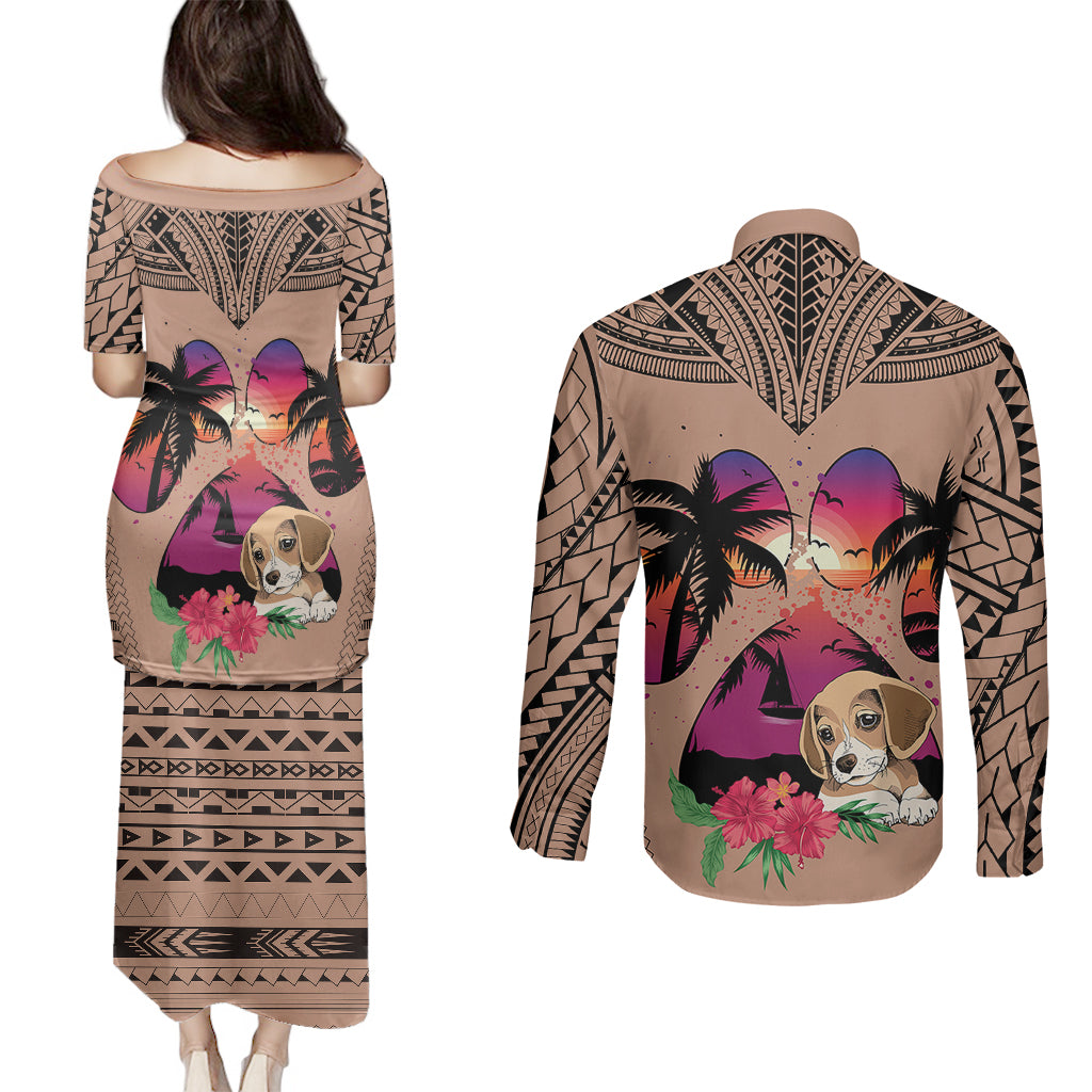 Polynesian Couples Matching Puletasi Dress and Long Sleeve Button Shirts Dog Lover With Beagle - Sunset At The Beach Brown Ver LT7 - Wonder Print Shop