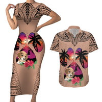 Polynesian Couples Matching Short Sleeve Bodycon Dress and Hawaiian Shirt Dog Lover With Beagle - Sunset At The Beach Brown Ver LT7 - Wonder Print Shop