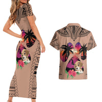 Polynesian Couples Matching Short Sleeve Bodycon Dress and Hawaiian Shirt Dog Lover With Beagle - Sunset At The Beach Brown Ver LT7 - Wonder Print Shop