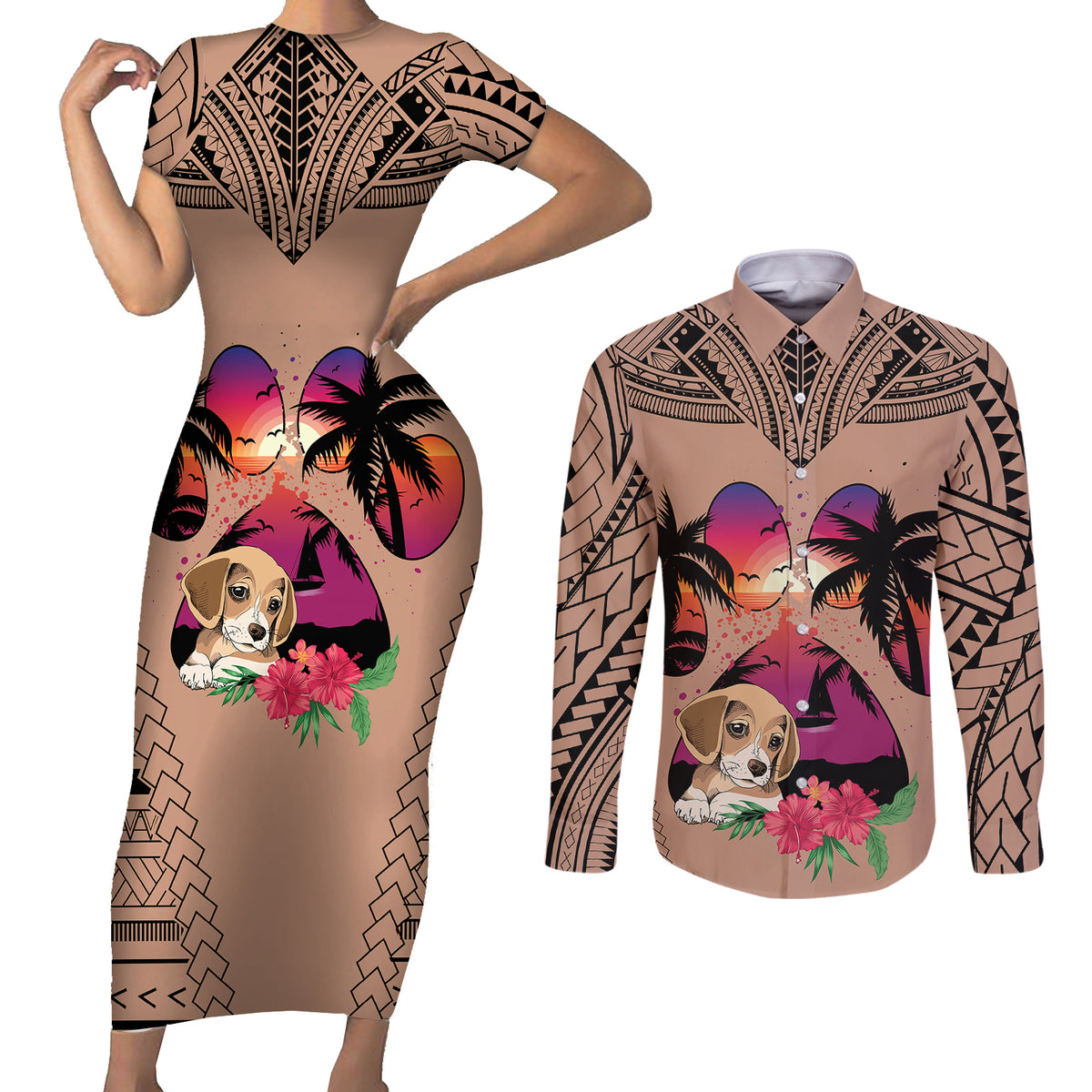 Polynesian Couples Matching Short Sleeve Bodycon Dress and Long Sleeve Button Shirts Dog Lover With Beagle - Sunset At The Beach Brown Ver LT7 - Wonder Print Shop