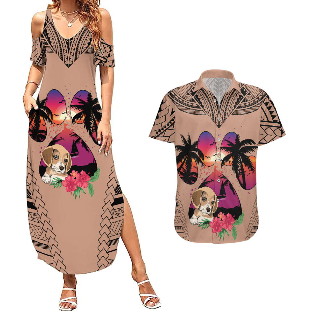 Polynesian Couples Matching Summer Maxi Dress and Hawaiian Shirt Dog Lover With Beagle - Sunset At The Beach Brown Ver LT7 - Wonder Print Shop