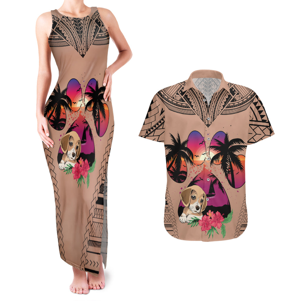 Polynesian Couples Matching Tank Maxi Dress and Hawaiian Shirt Dog Lover With Beagle - Sunset At The Beach Brown Ver LT7 - Wonder Print Shop