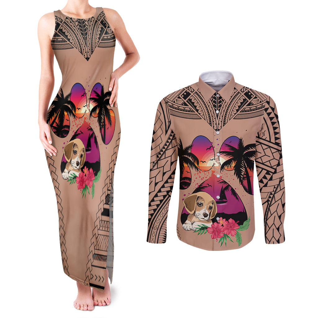 Polynesian Couples Matching Tank Maxi Dress and Long Sleeve Button Shirts Dog Lover With Beagle - Sunset At The Beach Brown Ver LT7 - Wonder Print Shop