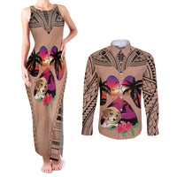 Polynesian Couples Matching Tank Maxi Dress and Long Sleeve Button Shirts Dog Lover With Beagle - Sunset At The Beach Brown Ver LT7 - Wonder Print Shop