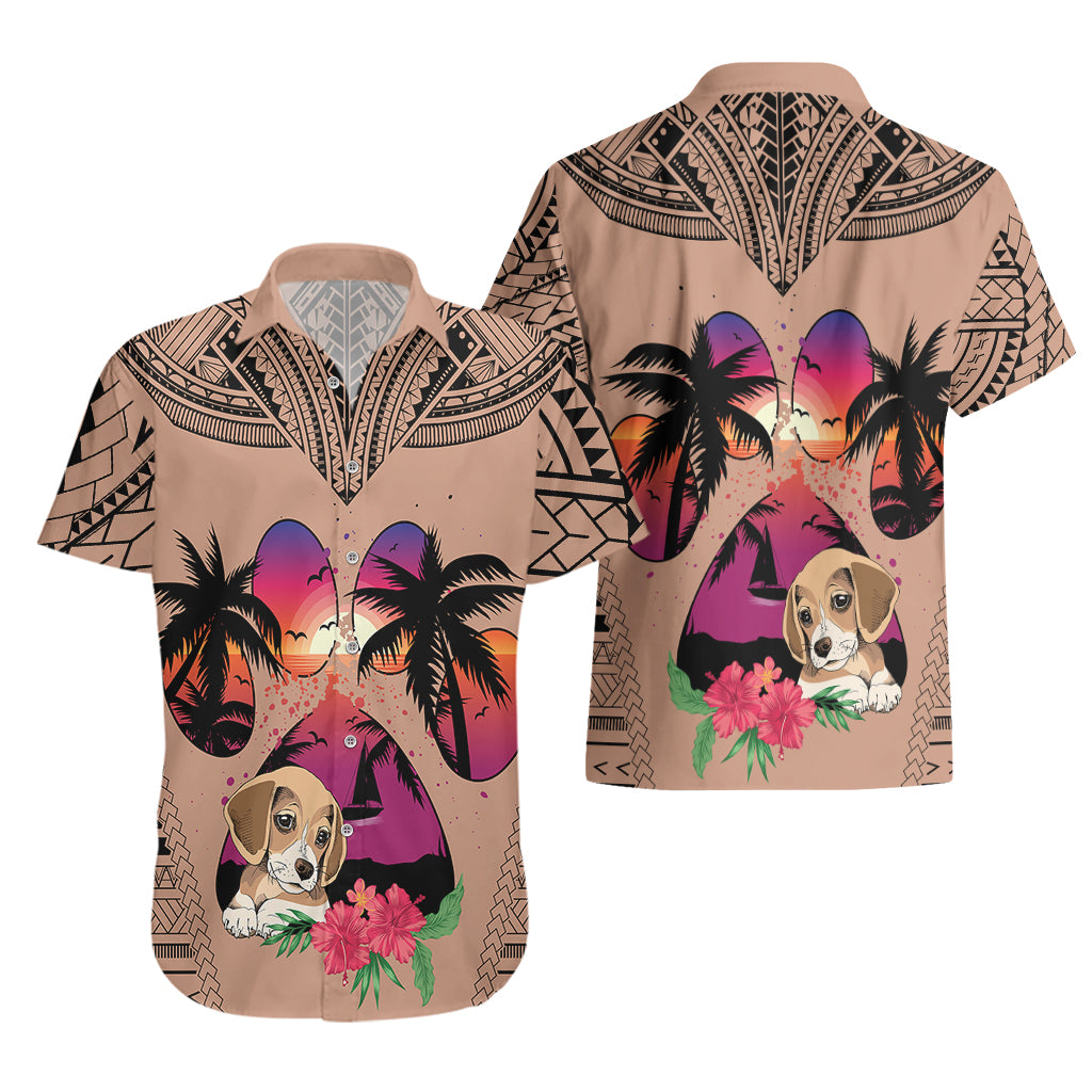 Polynesian Hawaiian Shirt Dog Lover With Beagle - Sunset At The Beach Brown Ver - Wonder Print Shop