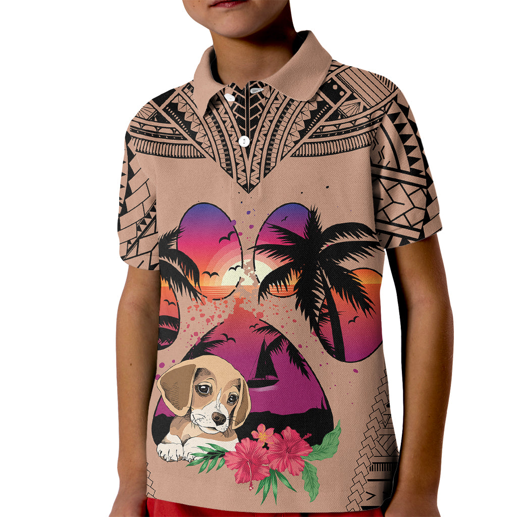 Polynesian Kid Polo Shirt Dog Lover With Beagle - Sunset At The Beach Brown Ver - Wonder Print Shop