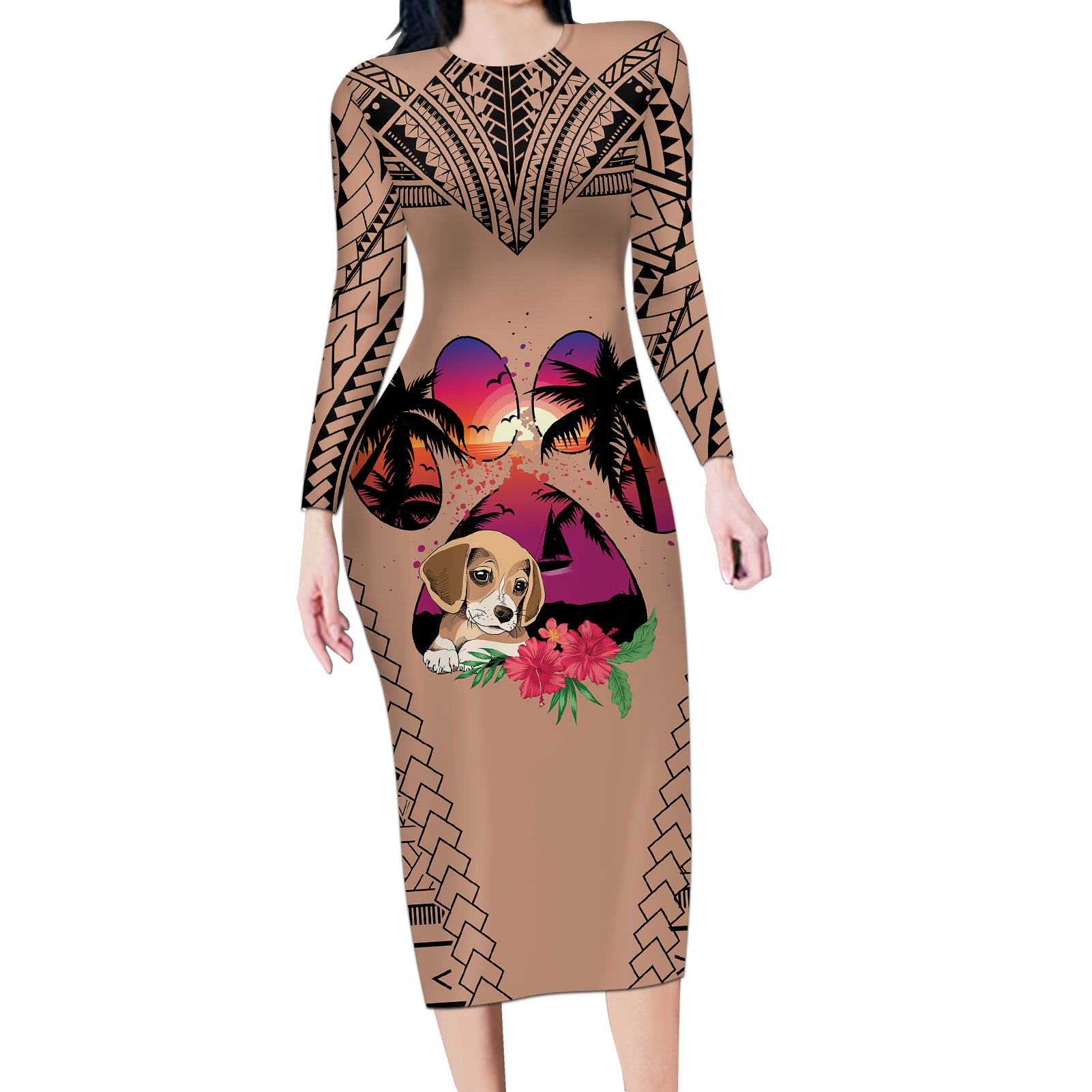 Polynesian Long Sleeve Bodycon Dress Dog Lover With Beagle - Sunset At The Beach Brown Ver - Wonder Print Shop