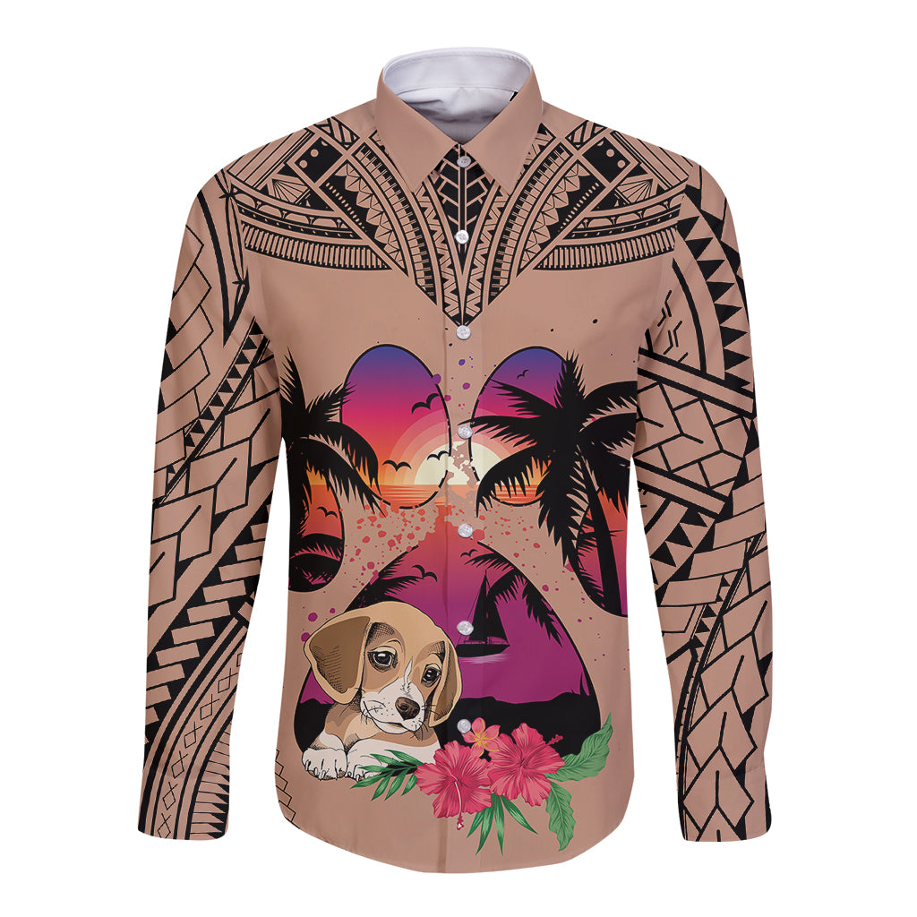 Polynesian Long Sleeve Button Shirt Dog Lover With Beagle - Sunset At The Beach Brown Ver - Wonder Print Shop