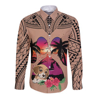 Polynesian Long Sleeve Button Shirt Dog Lover With Beagle - Sunset At The Beach Brown Ver - Wonder Print Shop